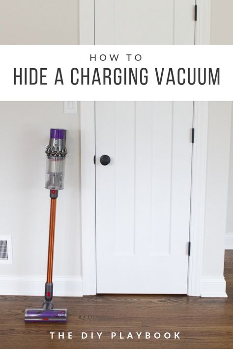 how to hide a vacuum in a closet. dyson vacuum hidden in a closet. Here's how to hide your charging vacuum in your closet so it's out of sight! #dyson #vacuum #cleaning Vacuum Cleaner Closet Storage, Hang Dyson Vacuum, Dyson Vacuum Organizer, Where To Put Vacuum Cleaner, Vacuum Charging Station Ideas, Mop And Vacuum Storage, Hiding Dyson Vacuum, Dyson Charging Station Ideas, How To Hide Vacuum Cleaner