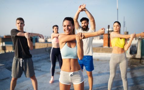 Group of young happy people friends exercising outdoors at sunset by nd3000. Group of happy fit young people friends training outdoors at sunrise #Affiliate #people, #friends, #exercising, #Group Swimmers Workout, Swimmers Workout Dryland, Fitness Drinks, Dryland Workout, Workouts For Swimmers, Workout Photoshoot, Love Handle Workout, Yoga Barre, Thigh Muscles