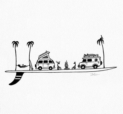 Van Life Tattoo, Surfing Tattoos, The Beach Drawing, New Zealand Mountains, Sushi Logo, Beach Drawing, Have An Awesome Day, Simple Drawings, Portraiture Photography