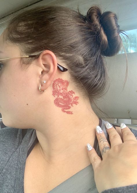 Red ink 🐉 dragon tattoo Dragon Tattoo For Women Red, Neck Dragon Tattoo, Dragon Behind Ear Tattoo, Red Ink Neck Tattoo, Red Dragon Wrist Tattoo, Back Red Dragon Tattoo, Dragon Tattoo Ear, Red Dragon Neck Tattoo For Women, Dragon Tattoo Behind Ear