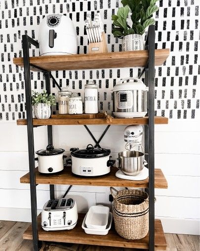 Appliance Shelf, Bathroom Accent Wall Ideas, Pantry Wallpaper, Gray Subway Tile Backsplash, White Shelving Unit, Small Kitchen Appliance Storage, Tattoo Modern, Warm Wood Flooring, Wood Shelving Units