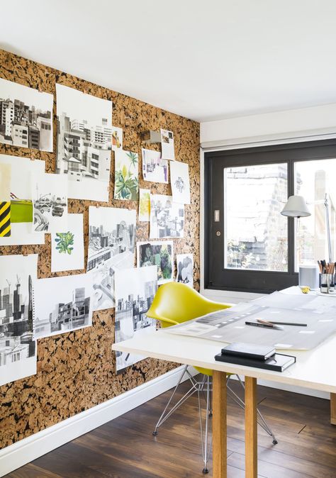 How to make a cork board wall: make working from home practical | Real Homes Cork Board Office Wall, Pinboard Wall Ideas, Framed Cork Board Wall Ideas, Photo Collage Wall Cork Board, Floor To Ceiling Cork Board, Cork On Walls, Cork Board Door, Cork Walls Office, Corkboard Wall Office