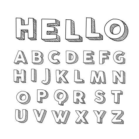 3D Fonts Hand Drawn Fonts To Draw, Block Letter Fonts, Cool Fonts Alphabet, 3d Fonts, Hand Lettering Alphabet Fonts, Writing Fonts, Doodle Alphabet, Typography Alphabet, Hand Drawn Fonts