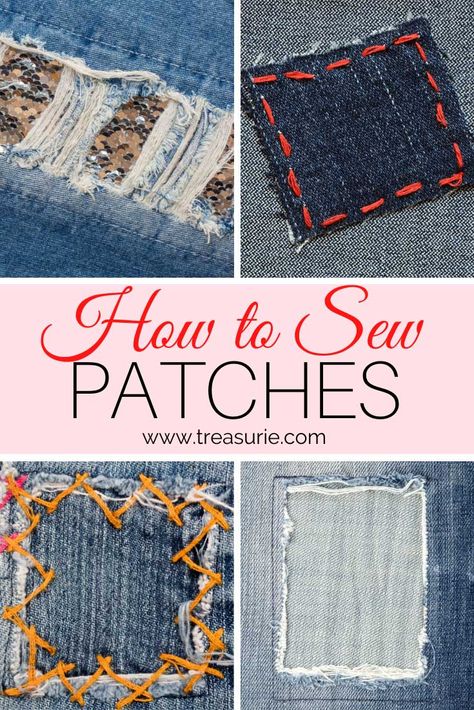 How to Sew a Patch - The Correct Way | TREASURIE How To Sew Patches, Crochet Patterns Clothes, Patched Jeans Diy, How To Patch Jeans, Sew Patches, Sewing Patches, Repair Jeans, Sew On Badges, Mending Clothes