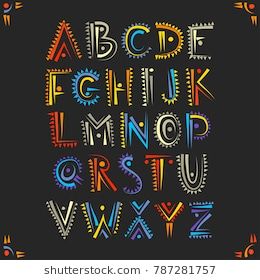 Vector handwritten alphabet in African ethnic style. Uppercase ornamental multicolor letters on a black background. Handwritten Alphabet, Aztec Civilization, Alfabet Letters, Typography Alphabet, Alphabet Fonts, Hand Lettering Art, How To Write Calligraphy, Creative Lettering, Alphabet Art