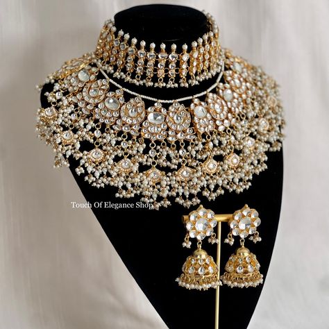 A beautiful bridal set named after our bride Kamal. This gorgeous 4-piece set comes with a choker, necklace, jhumki earrings, and a tikka. We have been loving the stacked necklace look this wedding season ⚜️ Message Touch Of Elegance to bring your vision to life ⚜️ #bridaljewellery #torontobrides #indianbridaljewellery #punjabiwedding #pakistanijewellery #pachikundan Bridal Jwellery Trending 2024, Jewelry Room, Unique Wedding Jewelry, Bridal Jewelry Sets Brides, Wedding Jewelry Sets Bridal Jewellery, Indian Wedding Jewelry Sets, Indian Accessories, Indian Bridal Jewellery, Indian Bridal Jewelry Sets