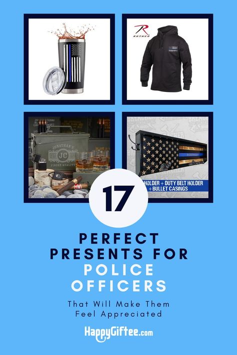 List of hand-picked gift ideas for the police 🎁 See full article at: https://www.happygiftee.com/gifts-for-police-officers/ Retirement Gift For Police Officer, Christmas Gifts For Police Officers Diy, Gifts For Law Enforcement, Female Police Officer Gifts, Police Officer Appreciation Gifts, Gifts For Police Officers, Police Academy Graduation Gift, Police Officer Appreciation, Work Anniversary Gifts