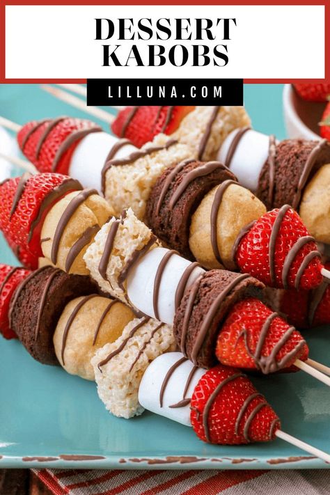 Dessert Kabobs are a simple and delicious way to serve several "mini" treats at once. They are perfect for parties, BBQs and every day! #dessertkabobs #desserts #kabobs #strawberryandbrownies #ricekrispies Dessert Kabobs, Dessert Skewers, Finger Food Desserts, Finger Desserts, Homemade Chocolate Truffles, Kabob Skewers, Cheesecake Cups, Fruit Kabobs, Kabob Recipes