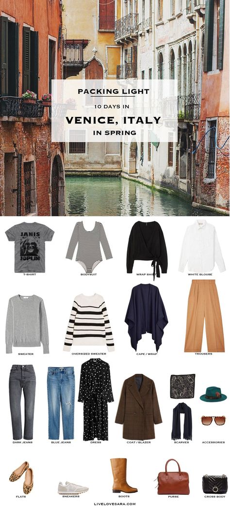 What to pack for Venice packing list | Venice Outfit Ideas | What to Wear in Venice | Italy Packing list | Spring Packing List | Italy Outfit Ideas | What to Wear in the Italy | Packing Light | Capsule Wardrobe | travel wardrobe | Fall packing list | travel capsule | livelovesara Venice Packing List, Fall Packing List, Italy Packing List, European Travel Outfit, Fall Packing, Blue Jean Dress, Travel Capsule, Italy Summer, Alaskan Cruise