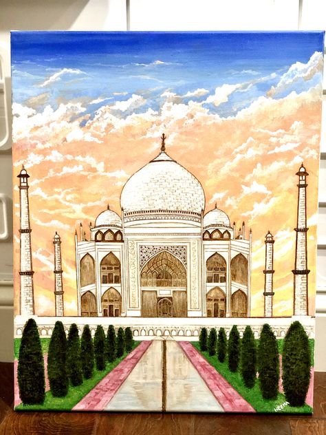 Acrylic and coffee painting Painting Of Taj Mahal, Monuments Watercolor Painting, Taj Mahal Watercolor Painting, Taj Mahal Drawing Watercolor, Indian Monuments Drawings, India Painting Ideas, Watercolor Paintings Scenery, Monuments Painting, Taj Mahal Painting