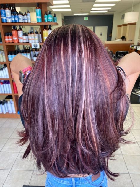 Black Cherry Hair With Blonde Highlights, Dark Purple With Blonde Highlights, Black Cherry With Blonde Highlights, Burgandy Hair Blonde Highlights, Wine Colored Hair With Highlights, Cherry Coke Hair Color With Blonde Highlights, Cherry Coke Hair With Highlights, Wine Hair Color With Highlights, Magenta Hair With Highlights