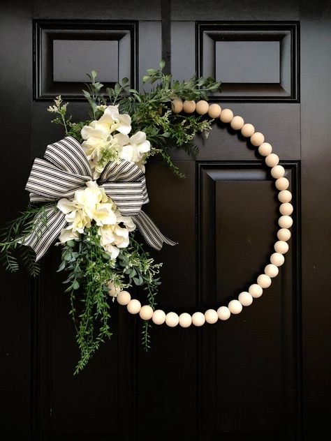 Double Door Wreath Ideas, Wooden Bead Wreath, Bead Wreaths, Neutral Flowers, Hoop Wreaths, Floral Door Wreaths, Door Signs Diy, White Hydrangeas, All Season Wreath