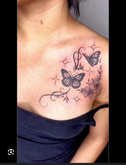 Collarbone Tattoo Female, Name Tattoos For Women Chest, Chest Flower Tattoo Female, Tattoo Ideas Female Collar Bone, Flower Chest Tattoo Female, Small Chest Tattoos Female, Butterfly Chest Tattoo, Small Chest Tattoo Female, Chest Tattoo Female Upper