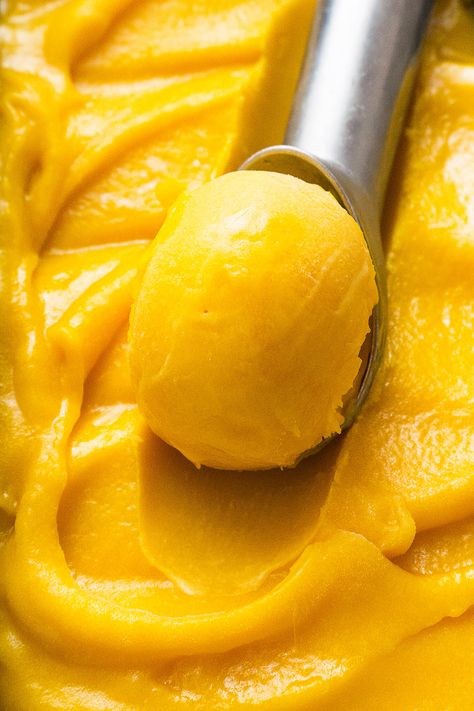 Vibrant and refreshing, Mango Sorbet has a luscious texture - the perfect way to savor the bright, exotic taste of fresh mangoes. Mango Sorbet Recipe, Sorbet Ice Cream, Mango Sorbet, Sorbet Recipes, Mango Flavor, Mango Recipes, Ice Cream Machine, Homemade Ice, Homemade Ice Cream