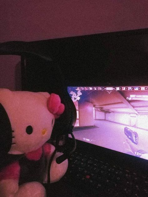 Hello Kitty With Headphones Pfp, Hello Kitty Playing Video Games, Cute Xbox Pfp, Hello Kitty Gaming, Playing Valorant, Hello Kitty Stuffed Animal, Kitty Stuffed Animal, Animal Sitting, Hello Kitty Games