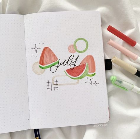 July Bujo Theme, Bullet Journal Log, July Cover Page, July Spread, July Bujo, Bullet Journal Month, Bullet Journal Ideas Templates, Creating A Bullet Journal, Bullet Journal Notes