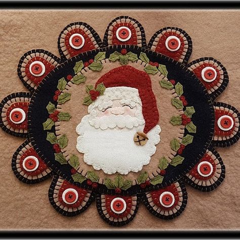 Penny Lane Primitives by pennylaneprimitives on Etsy Christmas Wool Applique, Primitive Santa Patterns, Felt Candle Mats, Wool Pennies, Wool Applique Kits, Penny Rug Patterns, Primitive Candles, Candle Mats, Primitive Santa