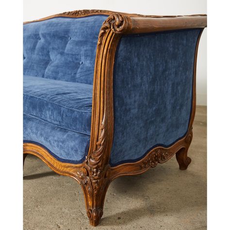 Country French Provincial Style Walnut Blue Velvet Canapé Sofa | Chairish French Victorian Decor, French Provincial Living Room, French Country Sofa, Enchanted House, Coast Tattoo, French Sofa Antique, Victorian Couch, French Style Sofa, Arabic Living Room