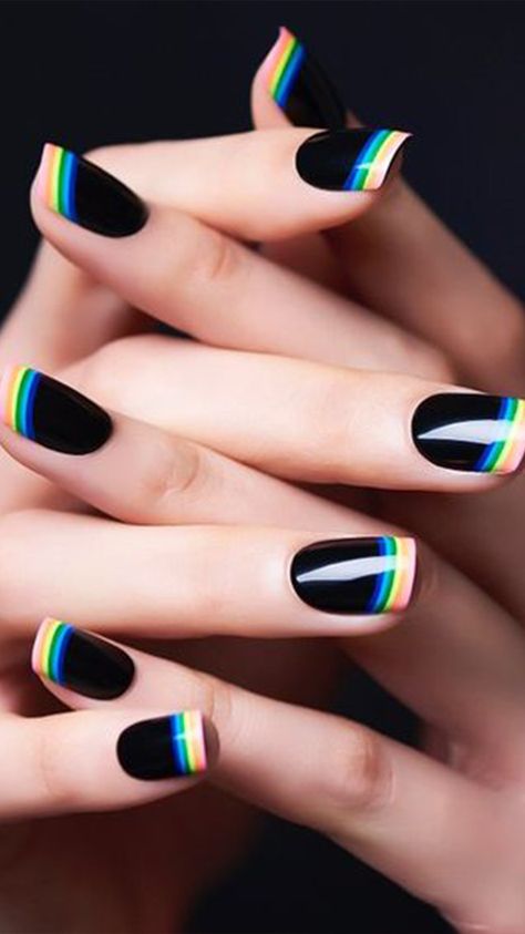 Whether male, female, cis, queer, or gender fluid, these rainbow nail designs are a chance to explore a world of color.   #PRIDE French Pedicure, New Nail Art Design, Nails Yellow, French Manicure Nails, Black Nail Art, Pedicure Designs, French Nail Art, Black Nail Designs, Super Nails