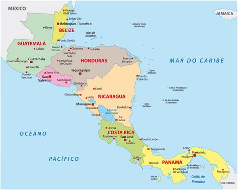 There are seven countries in Central America: Guatemala, Belize, Honduras, El Salvador, Nicaragua, Costa Rica, and Panama. Central America Map, Living In Belize, Nicaragua Managua, Bluefields, Honduras Flag, Geography Map, Belize City, Puntarenas, Tegucigalpa