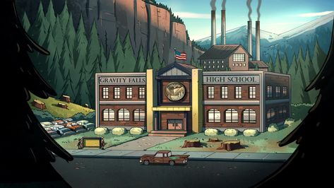 Gravity Falls High School is a school located in Gravity Falls, Oregon. The school is first seen in "TV Shorts 2." Sheriff Blubs and Deputy Durland film their show in the gym, only to have their car and uniforms stolen during filming. Gravity Falls Town, Gravity Falls Wiki, Bg Design, Gravity Falls Art, Fall Background, Cartoon Background, Animation Background, School College, Grimm