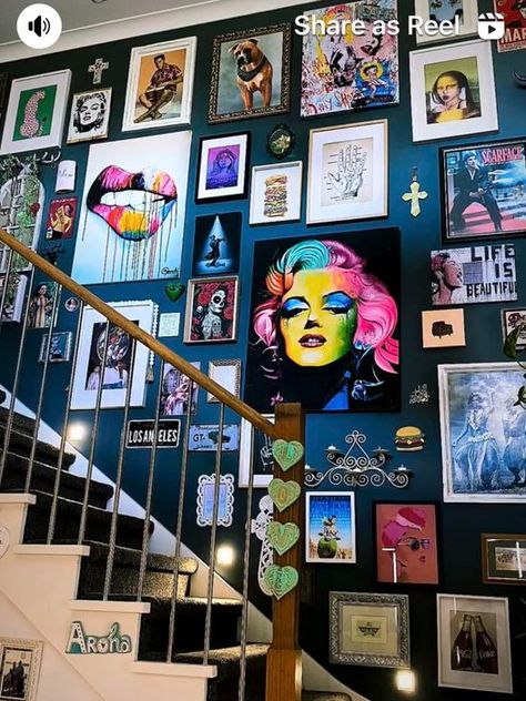 Statement Staircase, Bright Maximalist, Groovy Interiors, Tattoo Decor, Picture Walls, Bookshelf Ideas, Hallway Inspiration, Decor Gallery Wall, Maximalist Wall