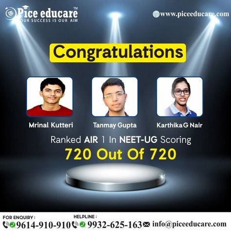 Mrinal Kutteri, Tanmay Gupta, Karthika G Nair Ranked AIR 1 In NEET-UG Scoring 720 Out Of 720 Congrats To The 3 Stars #congratulations #NEETUGToppers #allIndiaNEETranking Neet Topper Aesthetic, Neet 720/720, Exam Manifestation, Neet Topper, 2025 Goal, Neet Exam, Exam Motivation, College Admission, Medical Aesthetic