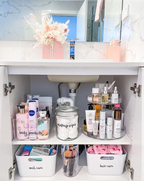 SonyaMeares on Instagram: “Just update my bathroom cupboard as the skincare side just didn’t work properly, it’s ok to live with what you did and if it doesn’t…” Under Bathroom Sink, Under The Sink Organization, Bathroom Under Sink, Organized Bathroom, Bathroom Sink Organization, Bathroom Cupboard, Bathroom Sink Storage, House Organisation, Restroom Decor