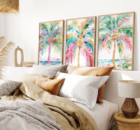 Tropical Resort Decor, Ocean Themed House, Tropical Boho Bedroom, Tropical Theme Bedroom, Palm Tree Artwork, Palm Tree Decorations, Palm Tree Wall, Tropical Trees, Tropical Bathroom