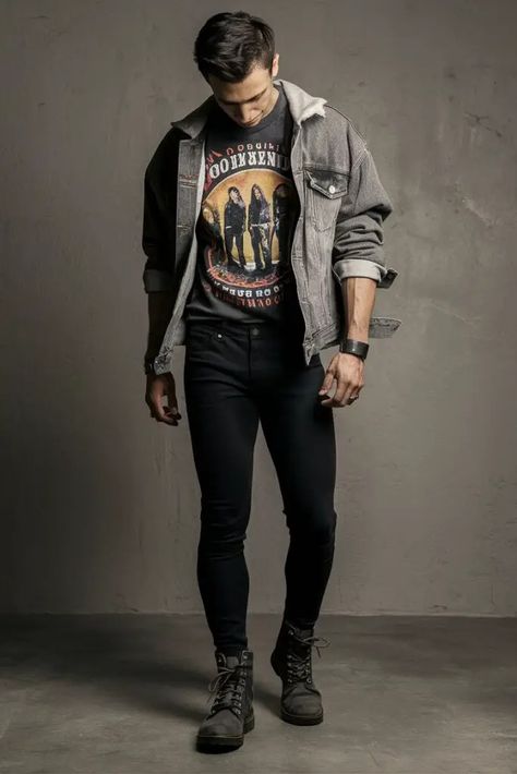 👕👖 5 Male Outfits to Rock Any Day of the Week 🕶️👟 - Fabricerie Mens Rocker Style Outfits, Rocker Outfits Men, Band Shirt Outfits Men, Mens Rocker Style, Astrology Outfits, Rocker Style Outfits, Rocker Style Men, Rock Band Outfits, Graphic Tee Outfit Men