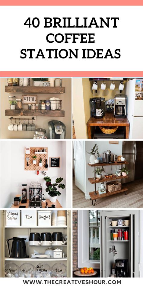 40 Best DIY Coffee Station Ideas For Your Home Coffee Station Built In, Corner Kitchen Coffee Station, Aesthetic Coffee Station At Home, Expresso Coffee Station, Coffee Bar At Home Ideas, Standalone Coffee Bar, How To Create A Coffee Station, Airbnb Coffee Station Ideas, Home Espresso Bar Coffee Stations