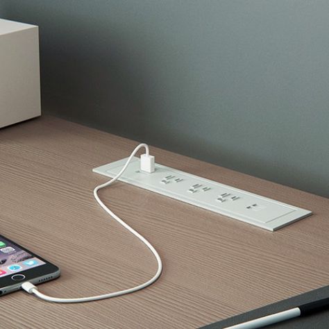 Office Desk Charging Station, Hidden Sockets Plugs, Desk Charging Station, Shelves Behind Couch, Table With Outlet, Charging Station Ideas, Cabinet Outlet, Cable Organization, Cable Management Desk