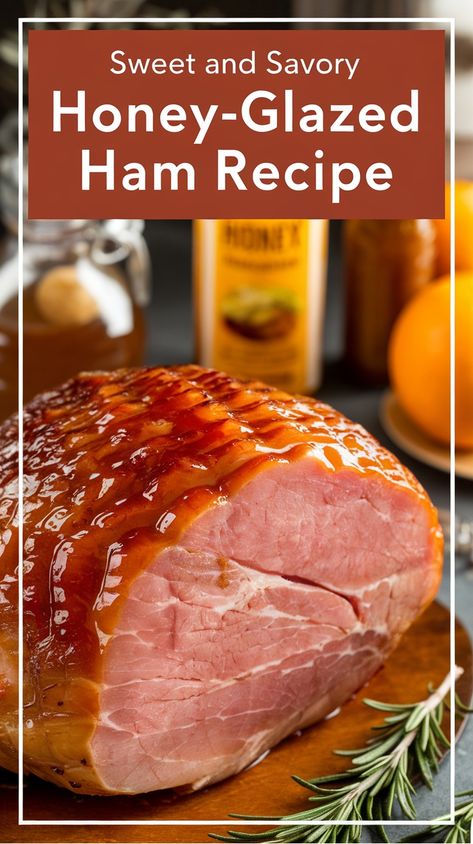 Honey-glazed ham on a wooden board with honey and oranges in the background. Easy Ham Glaze Simple, Brown Sugar Honey Glazed Ham, Baked Ham Glaze Recipe, Honey Mustard Ham Glaze, Honey Baked Ham Glaze, Homemade Ham Glaze, Baked Ham Glaze, Best Ham Glaze, Mustard Ham Glaze