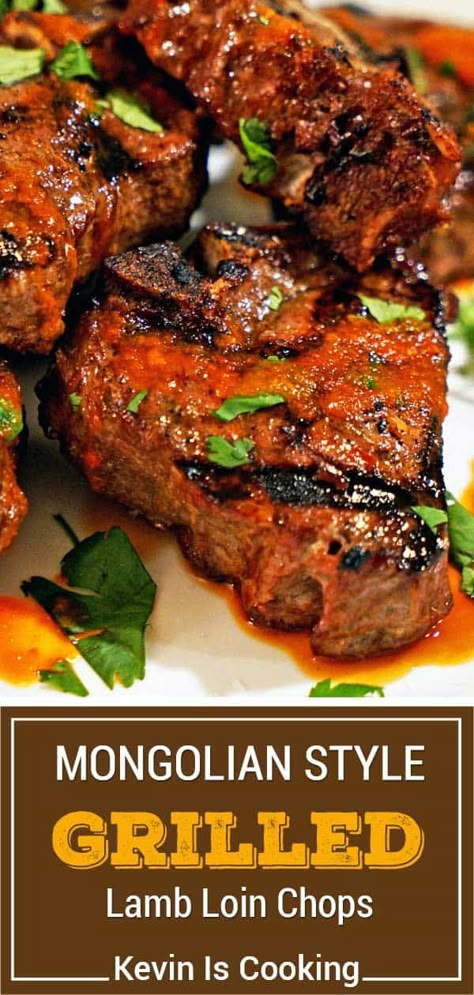 These Mongolian grilled lamb loin chops get a savory marinade then are grilled to perfection, topped with a red pepper sauce and cilantro. Goat Loin Recipes, Lamb Loin Chop Recipes Grilled, Grilled Lamb Loin Chops, Bbq Lamb Chops Marinade, Lamb Marinade Grilled, Braised Lamb Loin Chop Recipes, Lamb Loin Chops Recipes, Lamb Chop Recipes Grilled, Lamb Marinade Recipes