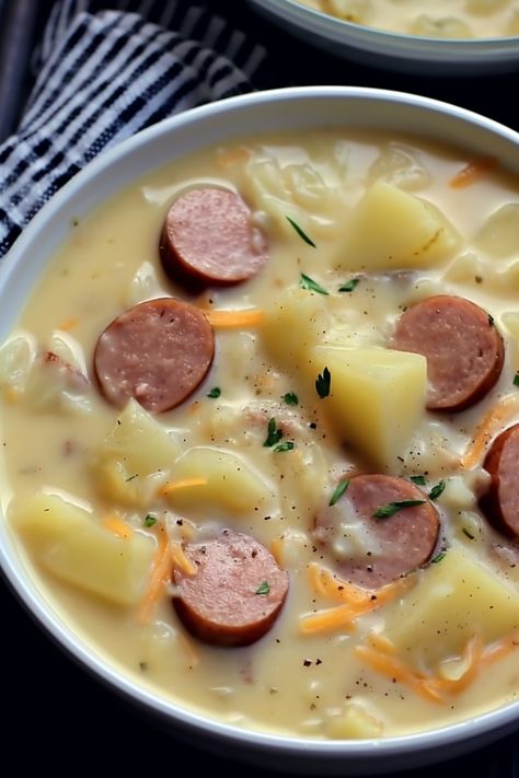 Creamy Bavarian Sausage, Potato, and Sauerkraut Soup Recipe Kielbasa And Sauerkraut Crockpot, Polish Sausage And Sauerkraut, Sausage And Sauerkraut, Pork And Sauerkraut Recipe, Pork Chops And Sauerkraut, Sauerkraut Soup, Sausage Potato, Kielbasa Sausage, Polish Sausage