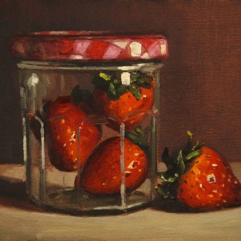 Bagoña Morton | Strawberry Jam Oil Painting Gallery, Strawberry Art, Food Painting, Still Life Oil Painting, Daily Painting, Painting Gallery, Still Life Art, Aesthetic Painting, Fruit Art