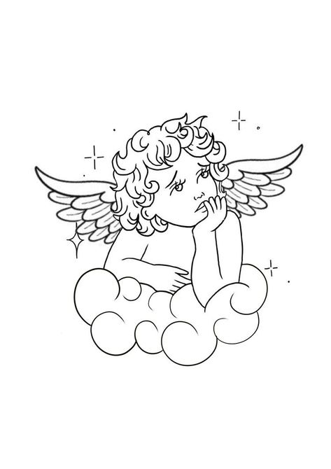 Cherub On A Cloud Tattoo, Resting Angel Tattoo, Cherub With Tattoos, Butterfly With Clouds Tattoo, Stencil Tattoo Ideas For Women Simple, Angel Neck Tattoos Women, Angel In Clouds Tattoo, Cherub On Cloud Tattoo, Angel Cloud Tattoo