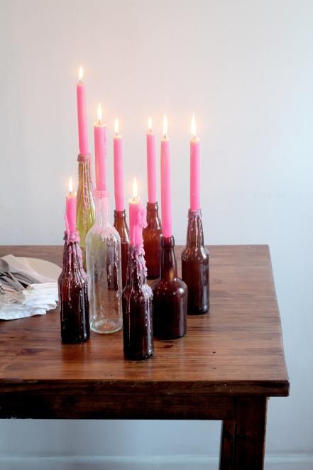 Tapered Candle In Wine Bottle, Taper Candles In Wine Bottles, Beer Bottle Candle, Taper Candle Wine Bottle, Candles On Bottles, Candle Bottle Ideas, Candles Wine Bottles, Wine Bottle Drip Candles, Drip Candles Diy