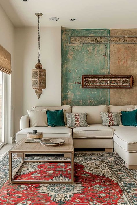 boho interior, statement wall, accent wall inspo Moroccan Mural Painting, Moroccan Wallpaper Living Room, Accent Wall Green, Maximalist Decor Moroccan, Boho Wall Murals Painted, Western Boho Mural Wallpaper For Living Room, Boho Accent Wall, Boho Cactus Wallpaper Bohemian, Painted Tapestry