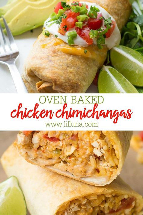 Baked Chicken Chimichangas are like a crispy burrito, stuffed with chicken + cheese. Everyone will love this simple restaurant-style recipe! #chickenchimichangas #chimichangas #chicken #bakedchimichangarecipe #chickenchimichangarecipe Chicken Quesidilla, Chimichangas Chicken, Baked Chicken Chimichangas, Chicken Chimichanga, Chicken Chimichangas, Chimichanga Recipe, Restaurant Style Recipes, Chicken And Cheese, Rice Chicken