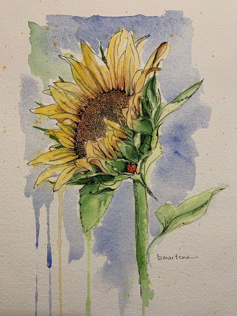 Watercolor Art Sunflower, Sunflower Sketch Simple, Sunflowers Sketch, Sun Flower Watercolor, Sunflower Drawing Watercolor, Sunflower Painting Watercolor, Sunflower With Watercolor, Sunflower Watercolour Painting, Simple Watercolour Painting