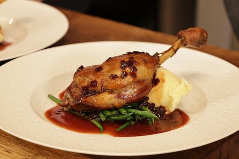 Crisp Confit of Duck Leg, Shallot and Cassis Sauce - James Martin Chef Duck Dishes Fine Dining, Confit Duck, Duck Leg Confit Plating, Duck Leg Recipes, Whole Duck Confit, Duck Confit Salad, Confit Duck Leg Fine Dining, Duck Confit Recipe, Confit Duck Leg