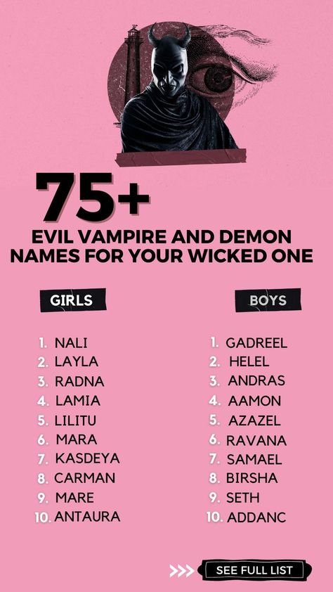 Perfect for parents who want their children to stand out of the crowd, these vampire and demon-inspired baby names are both mystical and monstrous. While some are related to contemporary fictional characters, others refer to ancient mythological creatures. From Mircilla to Ravana, there are countless unique options to choose from. Demon Names, Evil Vampire, Novel Tips, Demon Baby, Evil Girl, Best Character Names, Gender Neutral Names, Vampire Boy, Name Inspiration