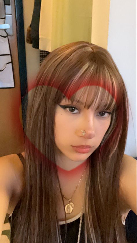 Light Brown Hair With Blonde Highlights Y2k, 2000 Hair Color Highlights, Y2k Hair Color Highlights, Honey Blonde Chunky Highlights, Brown Hair With Highlights Bangs, Y2k Hair Dye Ideas, Chunky Highlights With Bangs, Highlights Dyed Hair, Y2k Hair Dye