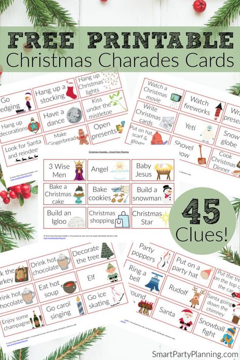 Christmas charades if the perfect game for some family festive fun. It's silly fun where the whole family can get to be just a little bit goofy. It's a  simple game which is quick to organise and perfect for a small or large gathering. Use these free printable cards to get everyone in the family laughing and let the holiday fun begin. Christmas Charades For Adults, Christmas Family Games Free Printables, Christmas Cherades, Christmas Charades Printable Free, Free Christmas Games Printables, Christmas Charades For Kids, Gingerbread Bash, Charade Ideas, Free Printable Christmas Games