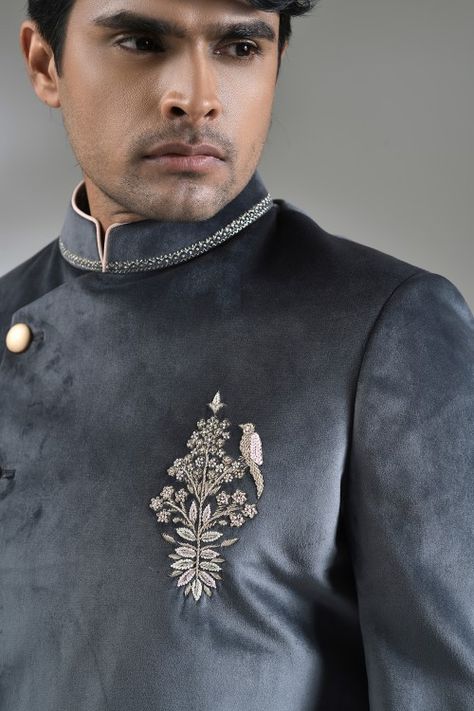 Buy Dark Navy Cutdana Embroidered Suede Indowestern Sherwani Online | Samyakk Kurta Pattern, Indowestern Sherwani, Mens Traditional Wear, Indian Wedding Clothes For Men, Sherwani For Men Wedding, Wedding Kurta For Men, Boys Kurta Design, Indian Groom Wear, Gents Kurta Design