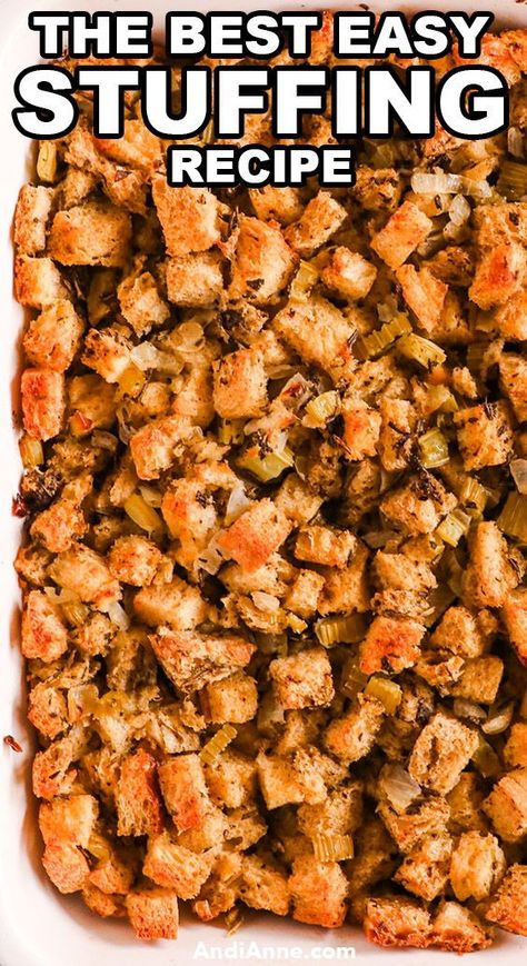 This is a classic Thanksgiving stuffing recipe where you can use store-bought bread cubes or easily make your own. If you don’t like cooking stuffing in a roasted turkey, then this recipe is the answer. It’s baked in a casserole dish for one hour and 20 minutes. You can bake this in advance and reheat it just before serving. Egg In Bread, Classic Stuffing Recipe, Classic Stuffing, Easy Stuffing Recipe, Seasoned Bread, Best Stuffing, Bread Stuffing, Homemade Stuffing, Stuffing Recipes For Thanksgiving