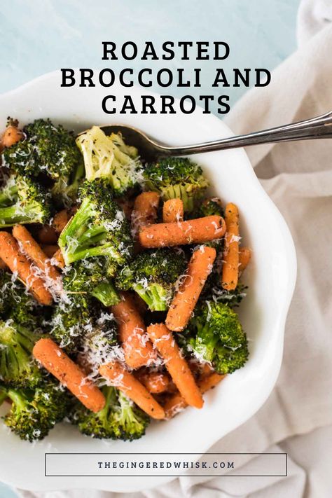 Roasted broccoli and carrots is a perfect weeknight side dish. Broccoli florets and baby carrots are roasted to perfection with herbs and topped with fresh parmesan cheese. A family favorite! Roasted Brocolli And Carrots, Broccoli Mixed Vegetables, Sides With Broccoli, Baked Carrots And Broccoli, Carrot And Broccoli Side Dish, Fancy Broccoli Side Dish, Carrot Broccoli Recipes, Oven Roasted Broccoli And Carrots, Carrots And Broccoli Recipes