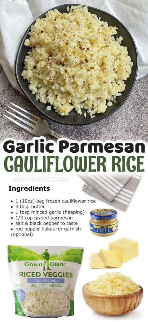 Garlic Parmesan Cauliflower Rice (Keto & Low Carb) Garlic Parmesan Cauliflower Rice, Steamed Cauliflower Rice Recipes, Sauteed Cauliflower Rice Recipes, Riced Califlower Recipes, Parmesan Cauliflower Rice, Keto Cauliflower Rice Recipes, Garlic Parmesan Cauliflower, Keto Rice, Cooked Cauliflower