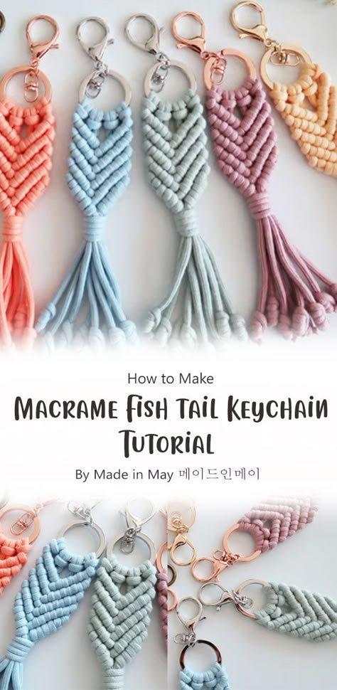 This is a very easy and simple tutorial for a cute macrame keychain. This can be made in any color you like! You can also use different materials. This is a great DIY project for beginners and it doesn’t take much time at all! Macrame Angel Pattern Free, Macrame Flamingo Keychain, Mermaid Tail Keychain Diy, Fishtail Macrame Keychain Diy, Macrame Wristlet Tutorial, Macrame Pouch Diy, Macrame Mermaid Tail Keychain Diy, Macrame Lanyard Diy, Keychain Diy Easy